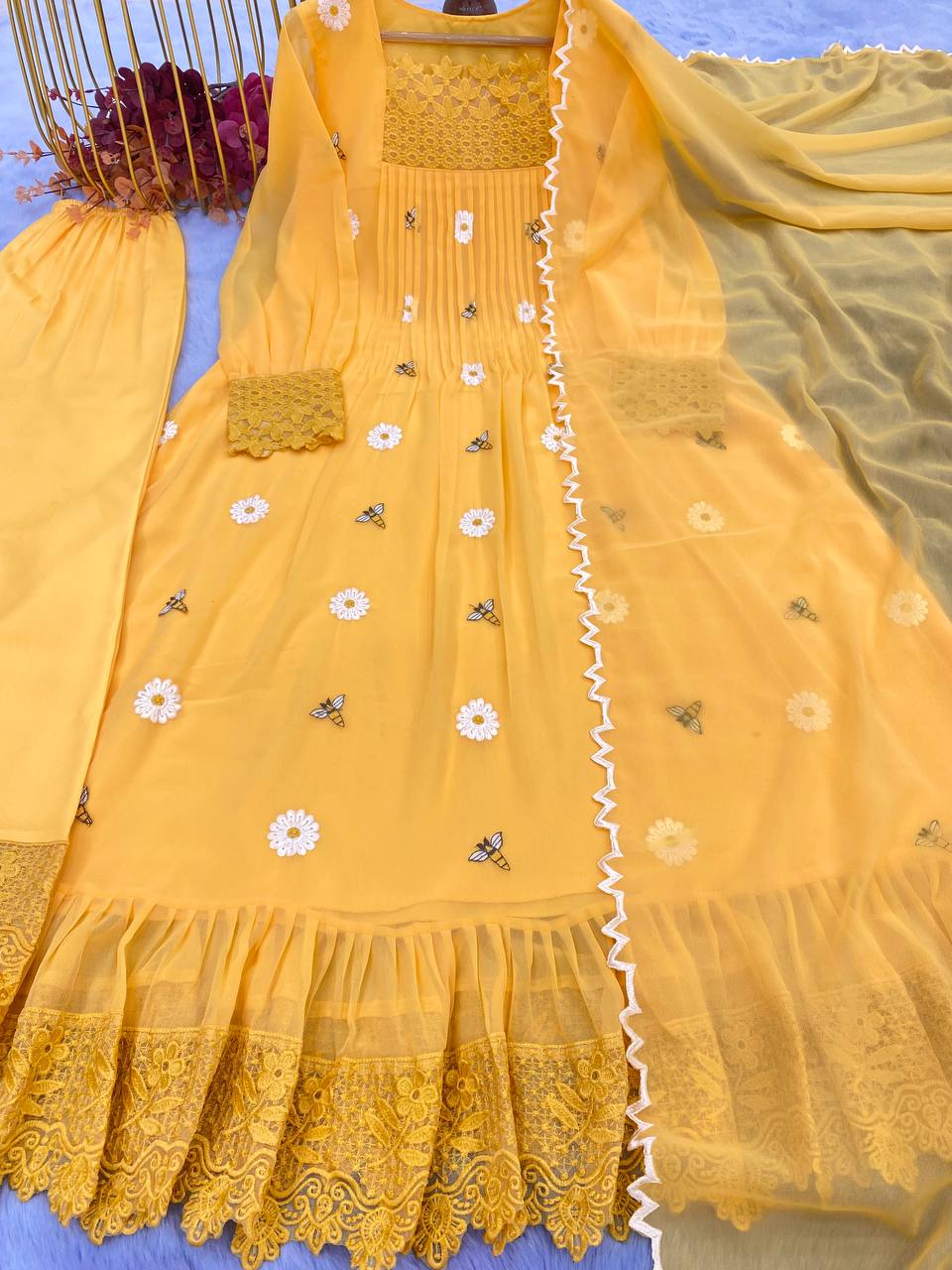 Designer Party Wear Look Yellow color Gown With Palazzo & Dupatta Set
