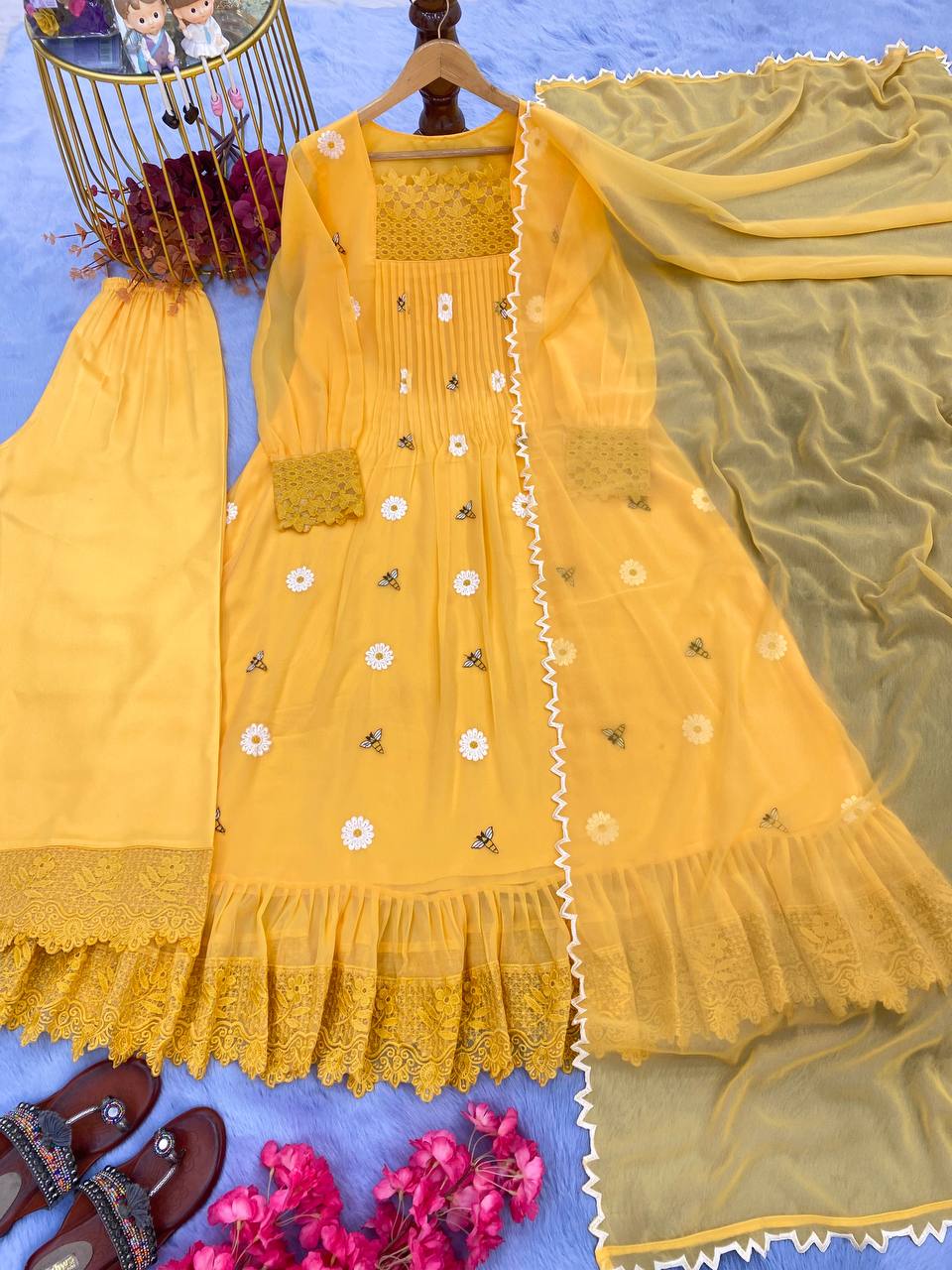Designer Party Wear Look Yellow color Gown With Palazzo & Dupatta Set