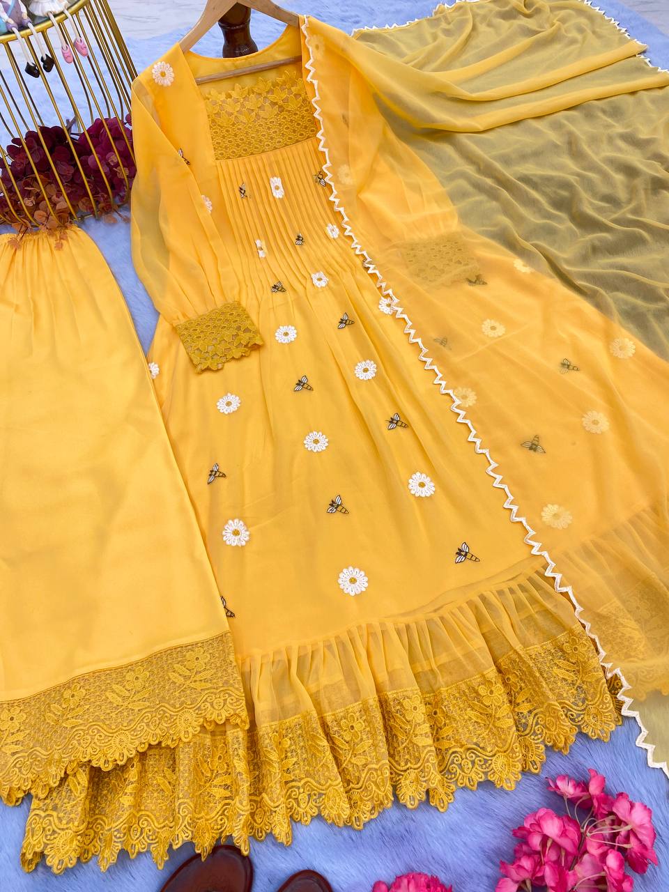 Designer Party Wear Look Yellow color Gown With Palazzo & Dupatta Set