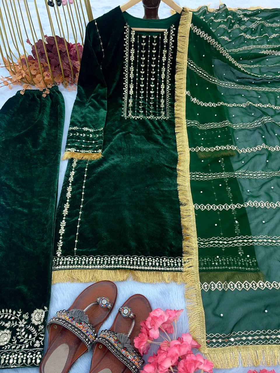 Viscose Velvet With Embroidery top and bottom dupatta suit