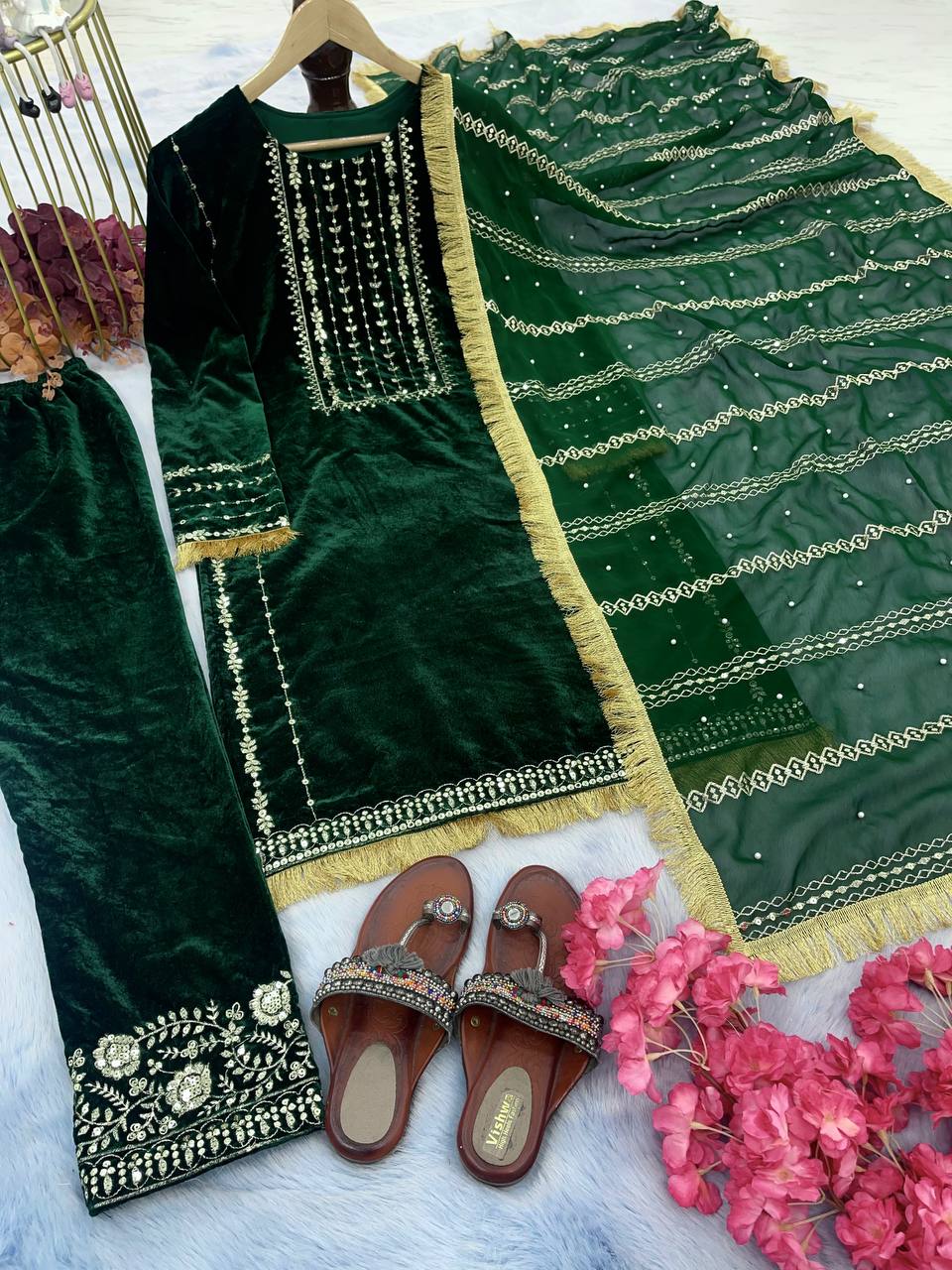 Viscose Velvet With Embroidery top and bottom dupatta suit