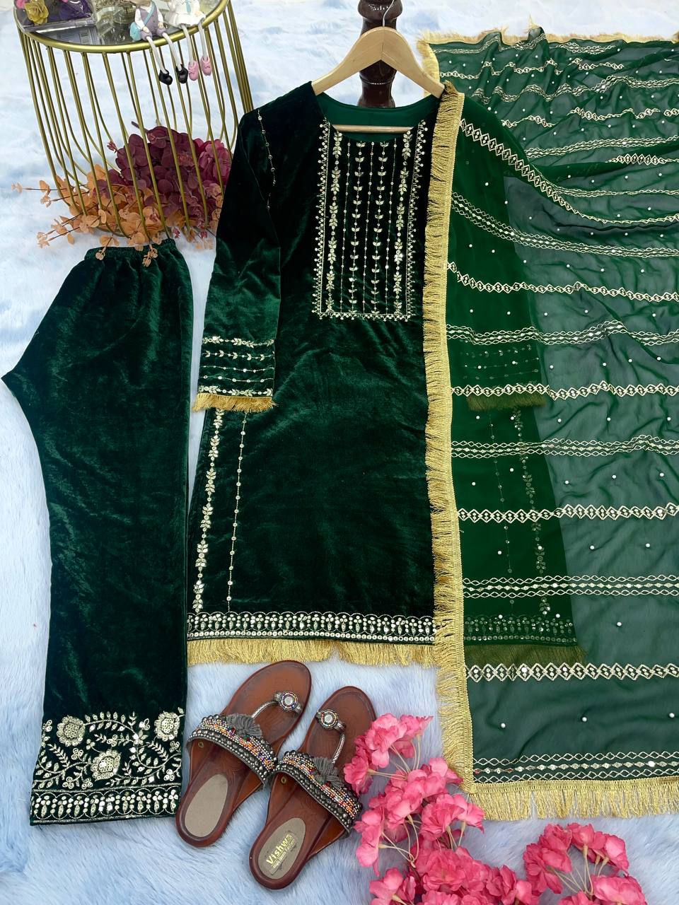 Viscose Velvet With Embroidery top and bottom dupatta suit