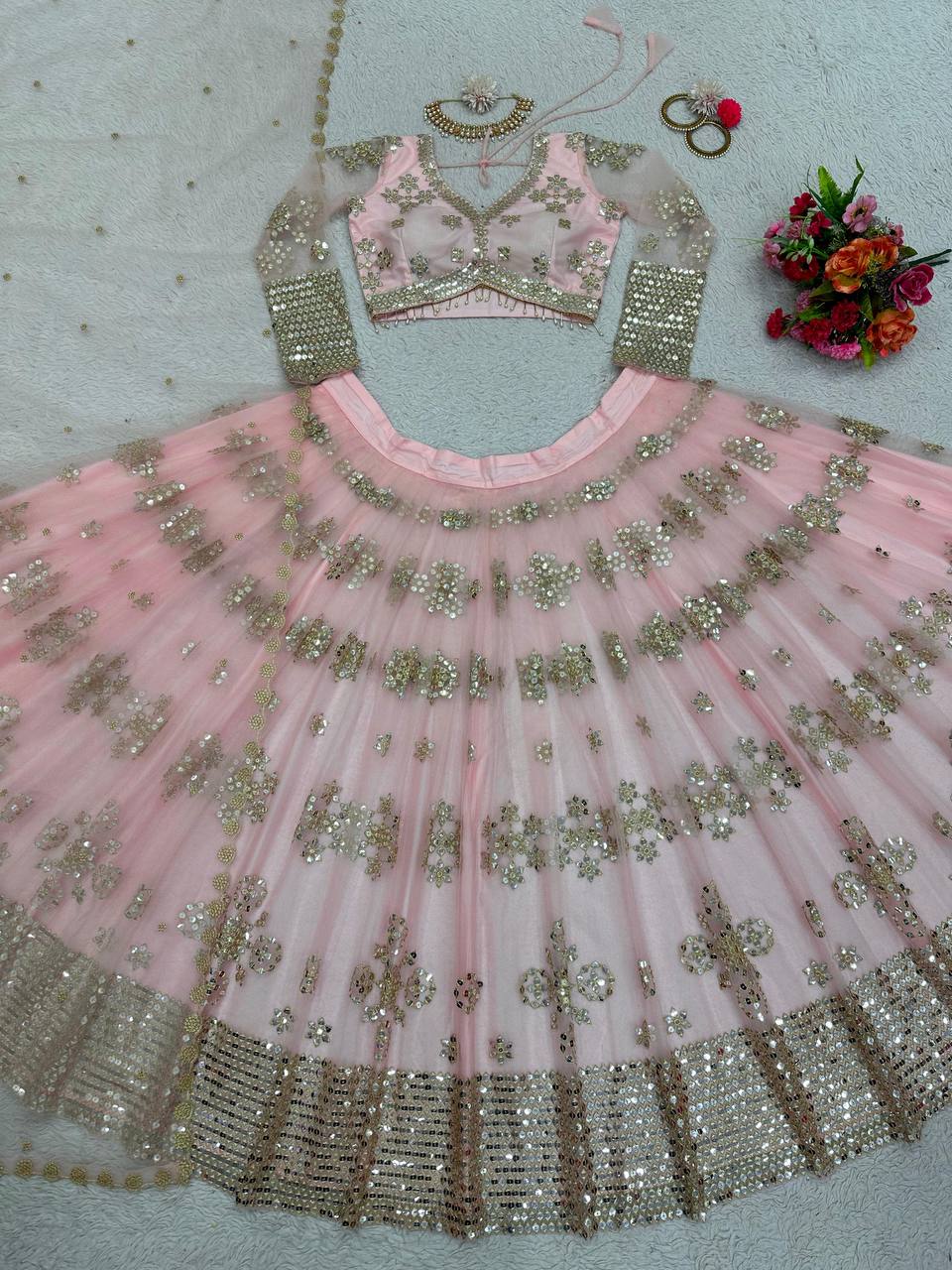 Peach Color Sequence Work Best Quality Butterfly Net Lehenga Choli