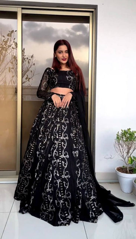 Latest Trendy Black Color Georgette Sequence Lehenga Choli For Wedding Wear