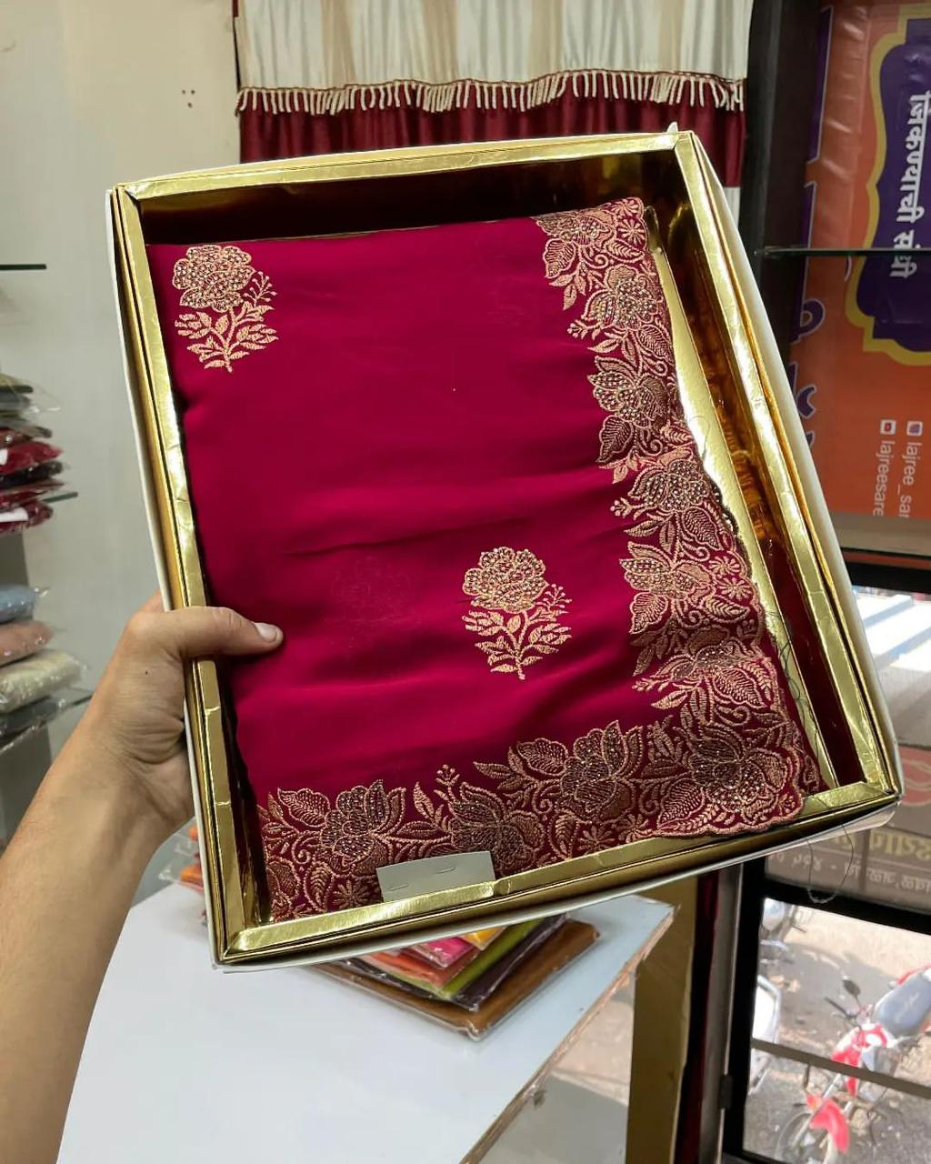 Amazing Georgette Diamond Embroidered Work Party Wear Saree