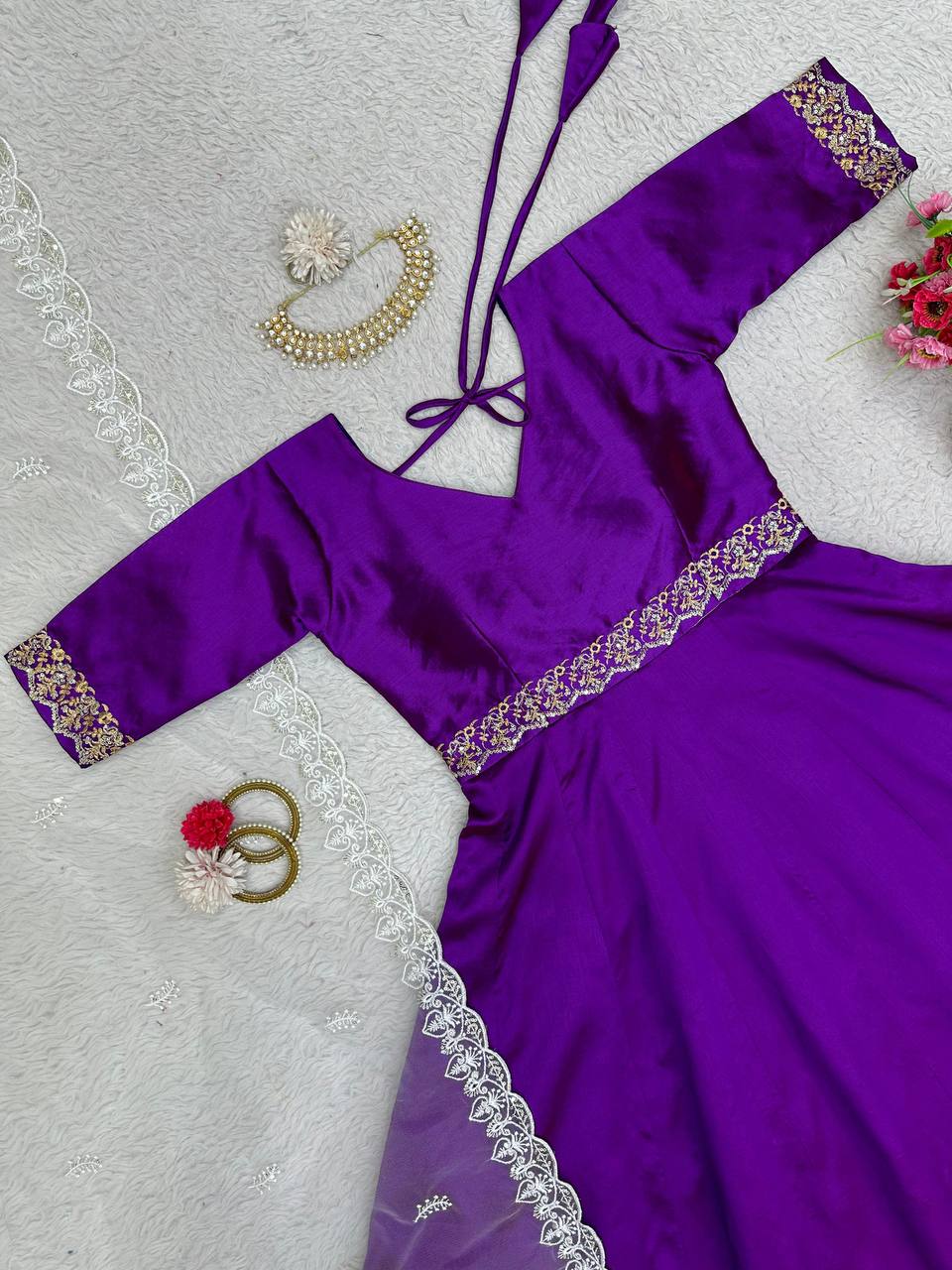 Latest Violet Color Party Wear Phantom Silk Thread Work Gown Dupatta