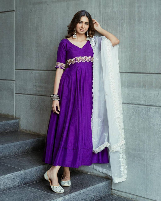 Latest Violet Color Party Wear Phantom Silk Thread Work Gown Dupatta