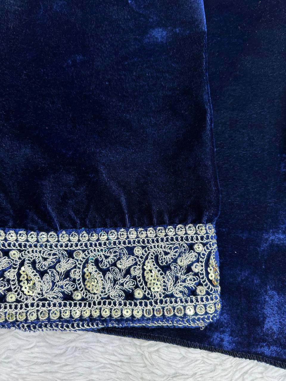 Jazzy Blue Color Velvet Sequence Work Salwar Suit For Party Wear