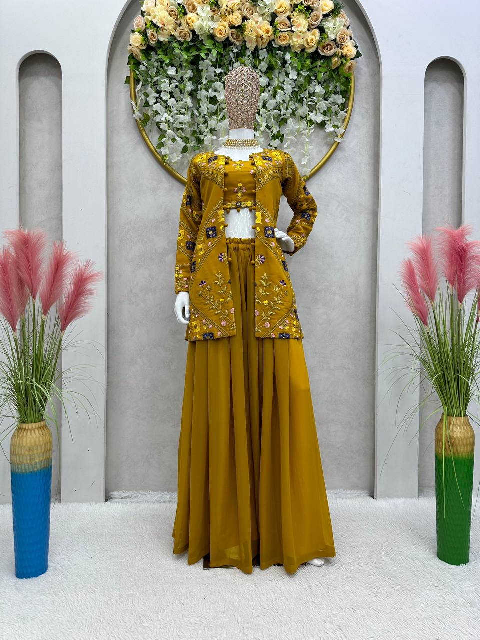 Lovely Sequence Thread Work Georgette Indo Western