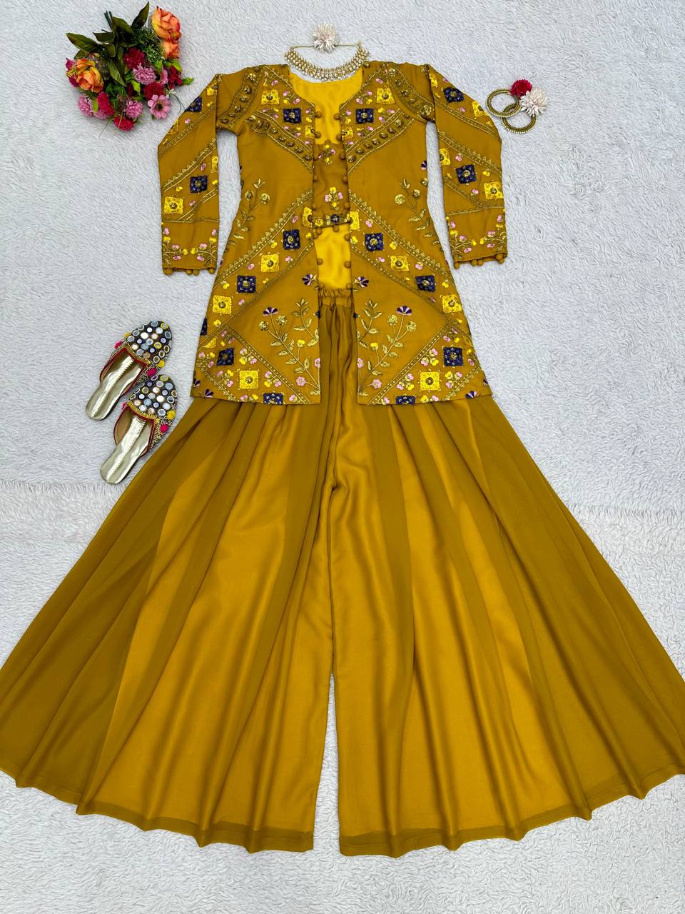Lovely Sequence Thread Work Georgette Indo Western
