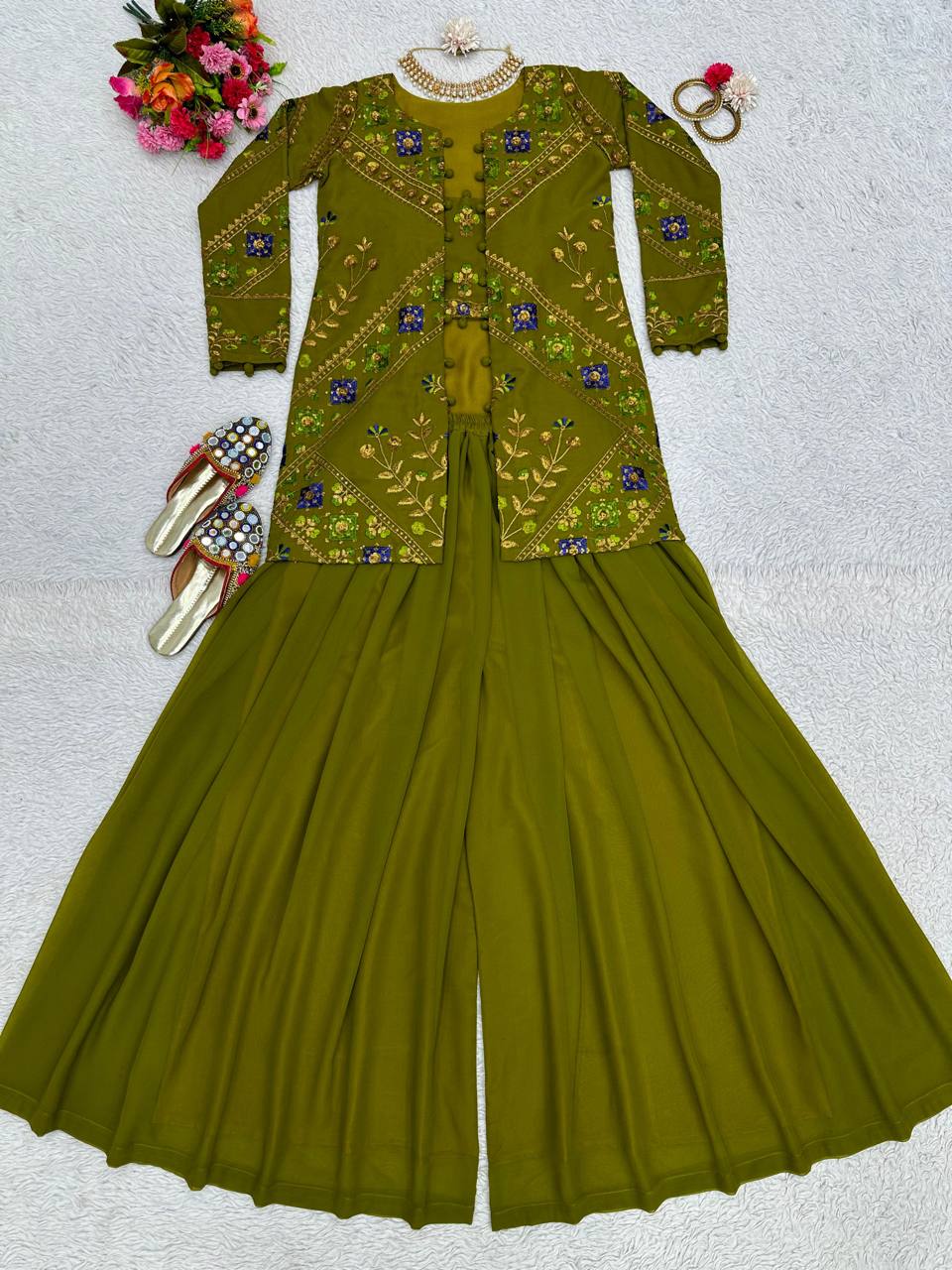 Lovely Sequence Thread Work Georgette Indo Western
