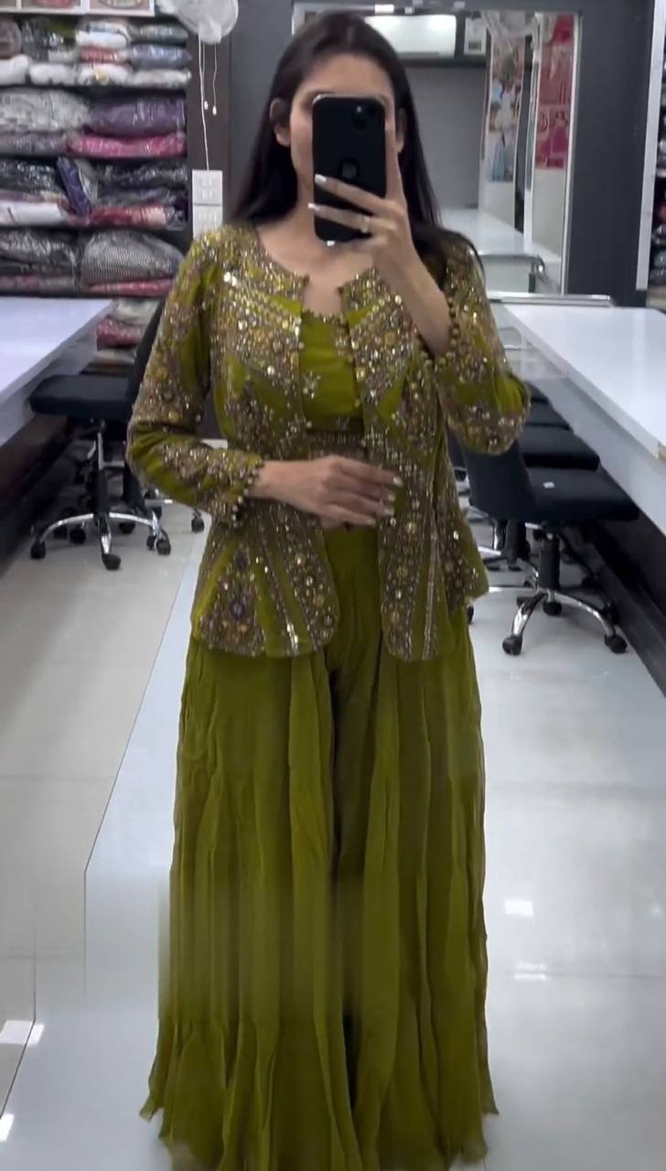 Lovely Sequence Thread Work Georgette Indo Western