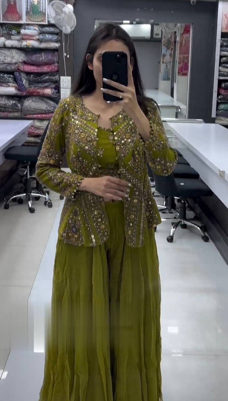 Lovely Sequence Thread Work Georgette Indo Western