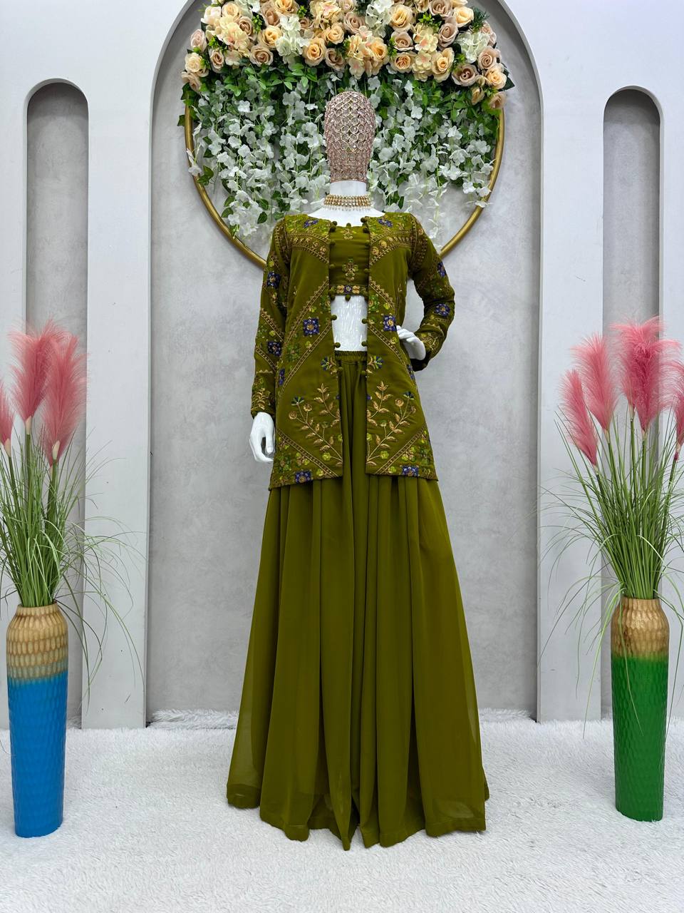Lovely Sequence Thread Work Georgette Indo Western