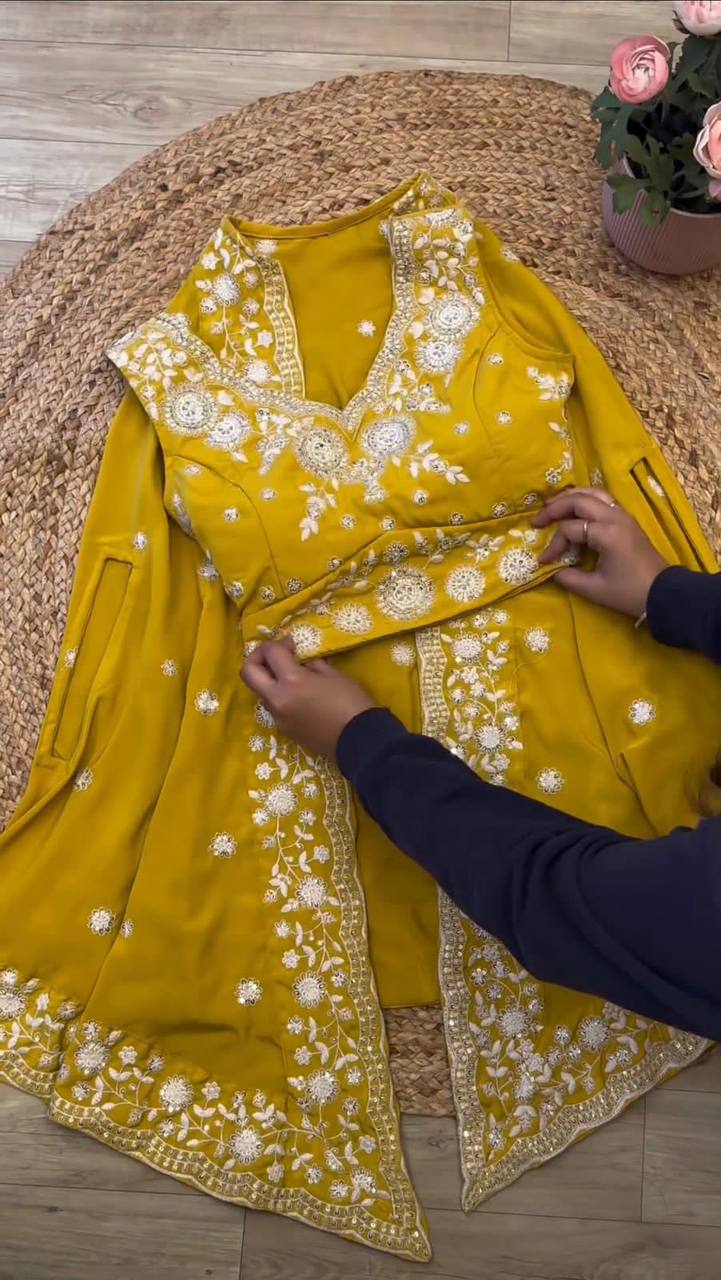 Attractive Mustard Color Georgette Sequence Work Indo Western Suit