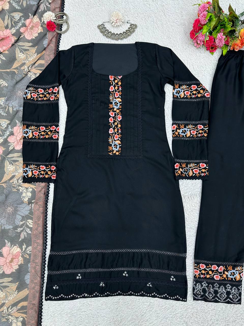 Radiant Black Color Maslin Sequence Thread Work Salwar Suit