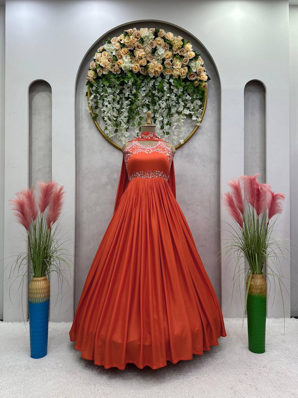 strapless open back dress Graceful Orange Color Sequence Thread Work Maslin Ready Made Gown Dupa –  urban-trend.co.in