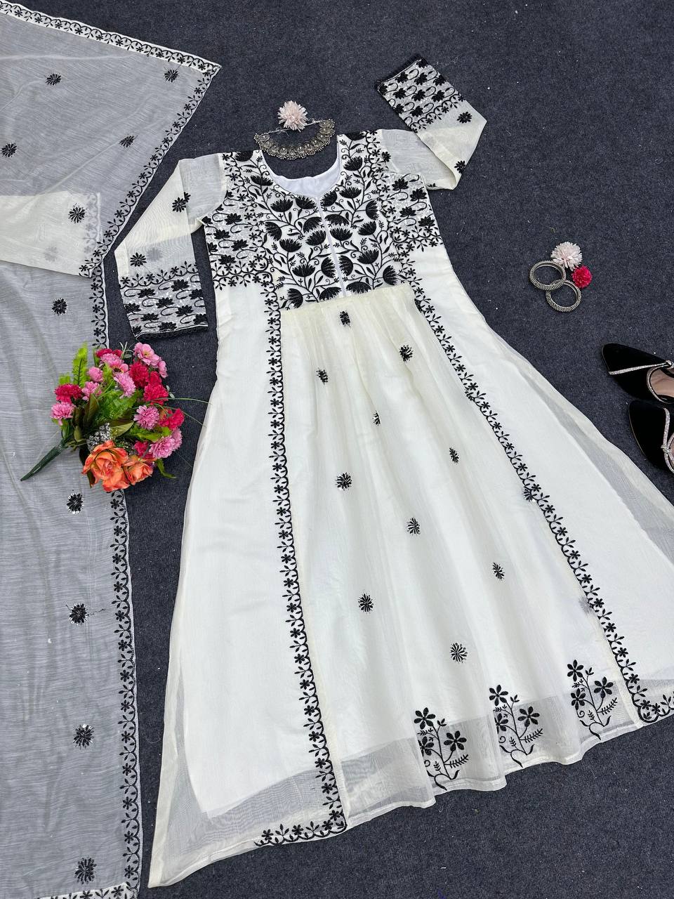 Amazing White Color Ready Made Chanderi Sequence Work Gown Dupatta