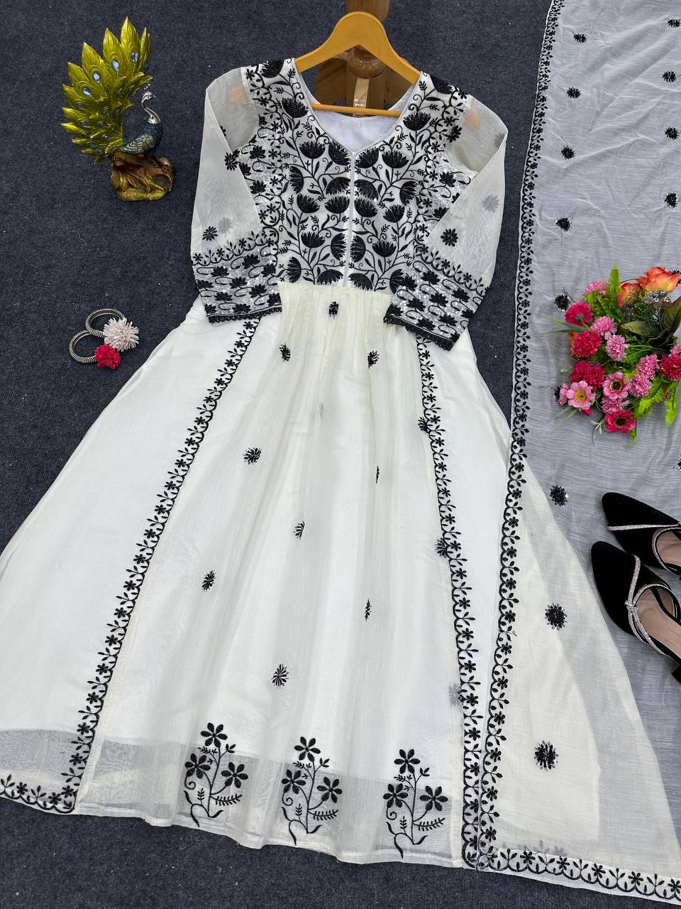 Amazing White Color Ready Made Chanderi Sequence Work Gown Dupatta
