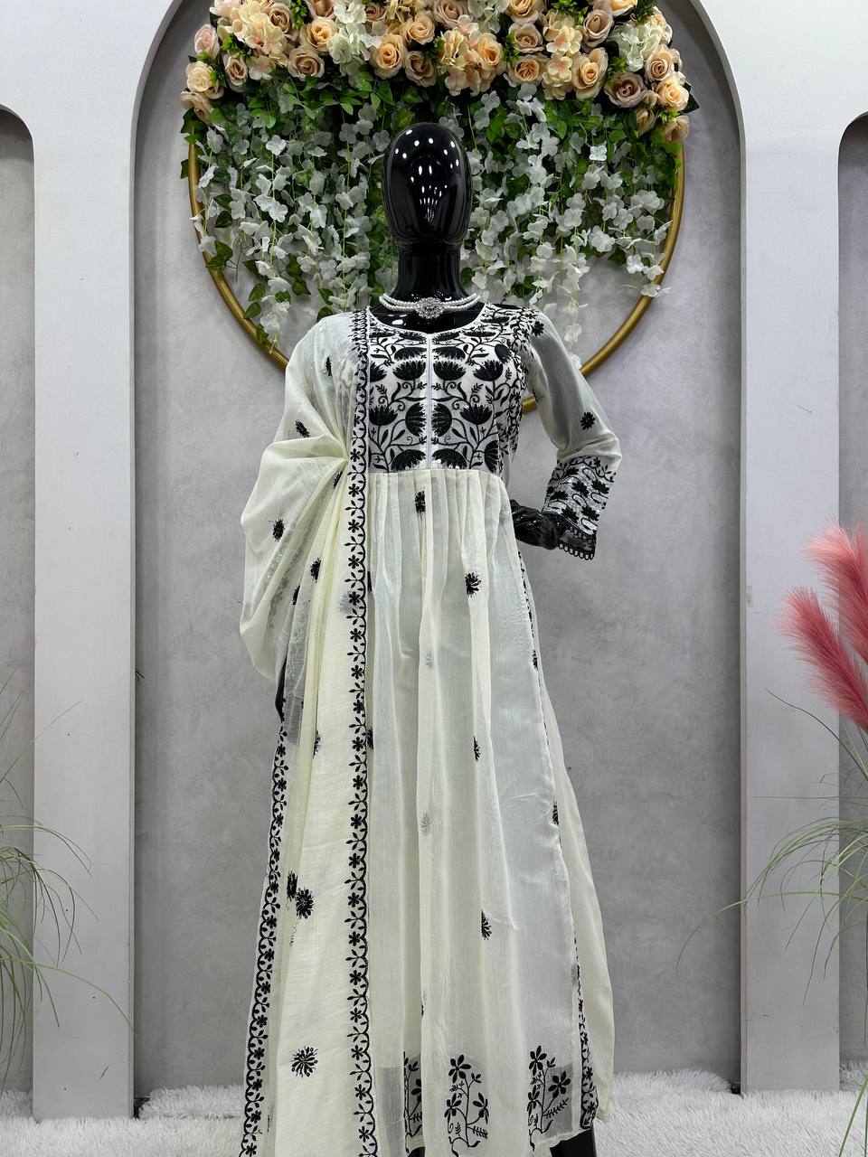 Amazing White Color Ready Made Chanderi Sequence Work Gown Dupatta