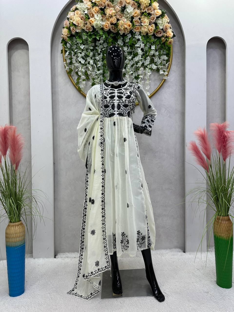 Amazing White Color Ready Made Chanderi Sequence Work Gown Dupatta