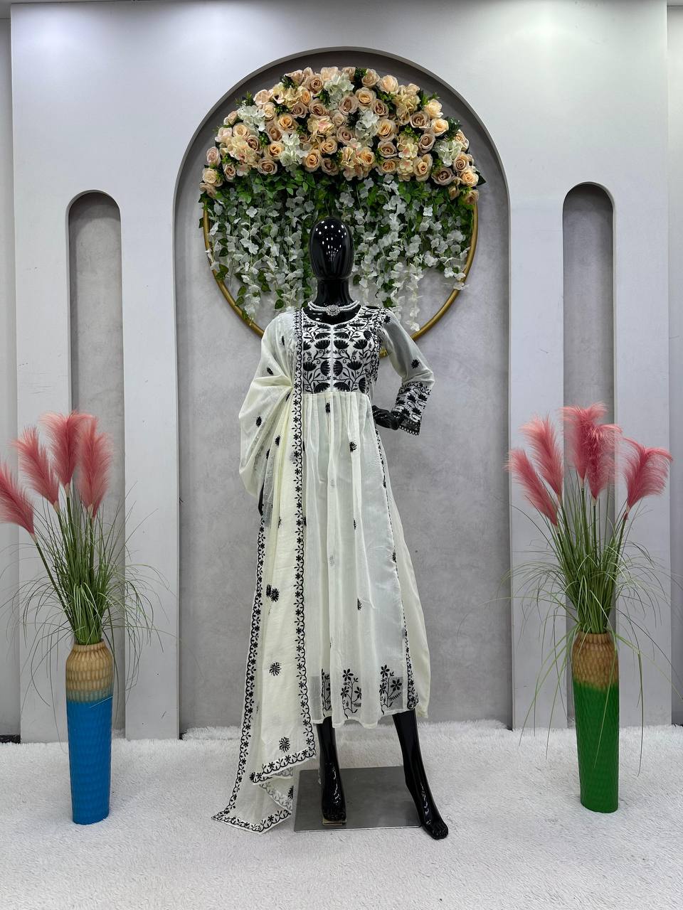 Amazing White Color Ready Made Chanderi Sequence Work Gown Dupatta