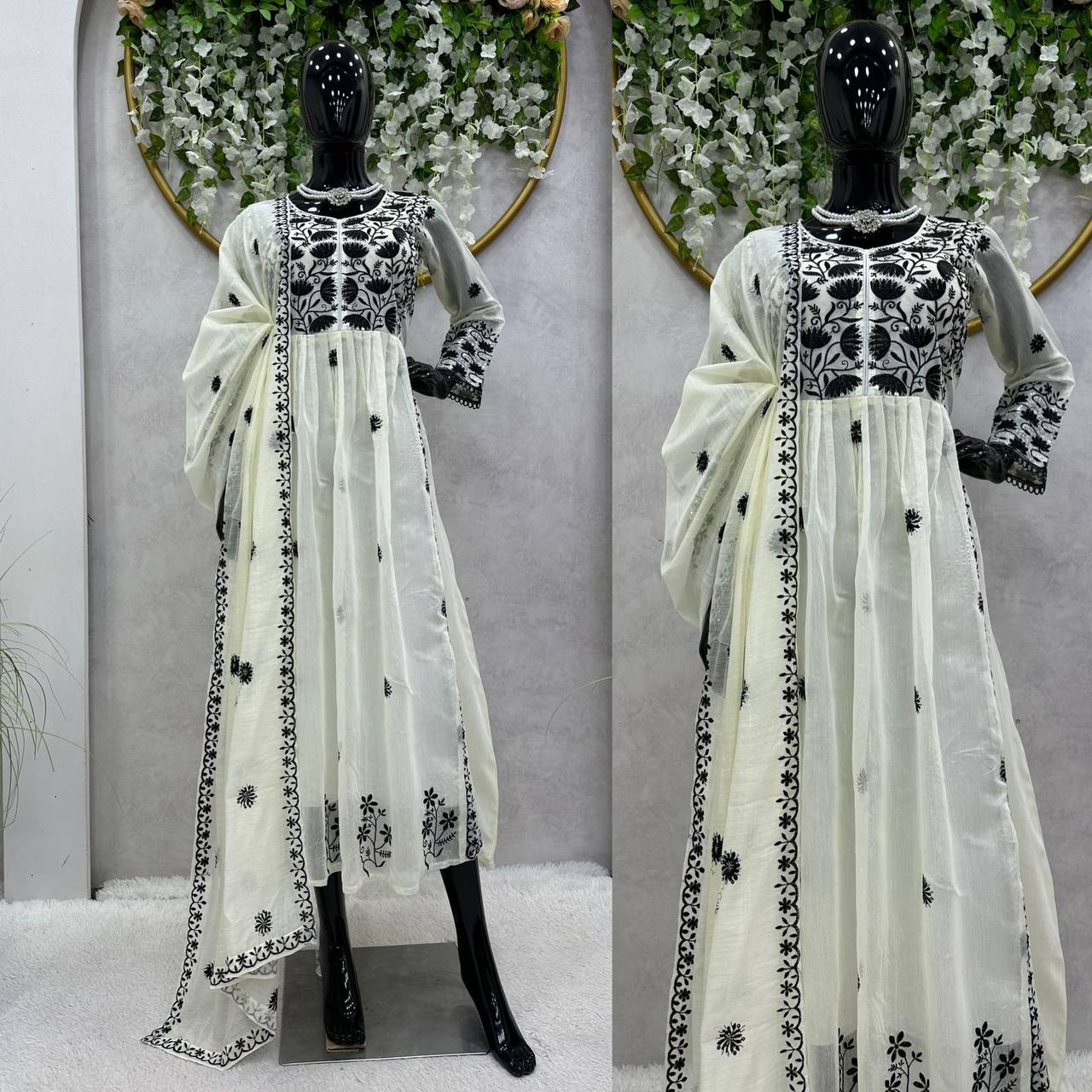 Amazing White Color Ready Made Chanderi Sequence Work Gown Dupatta