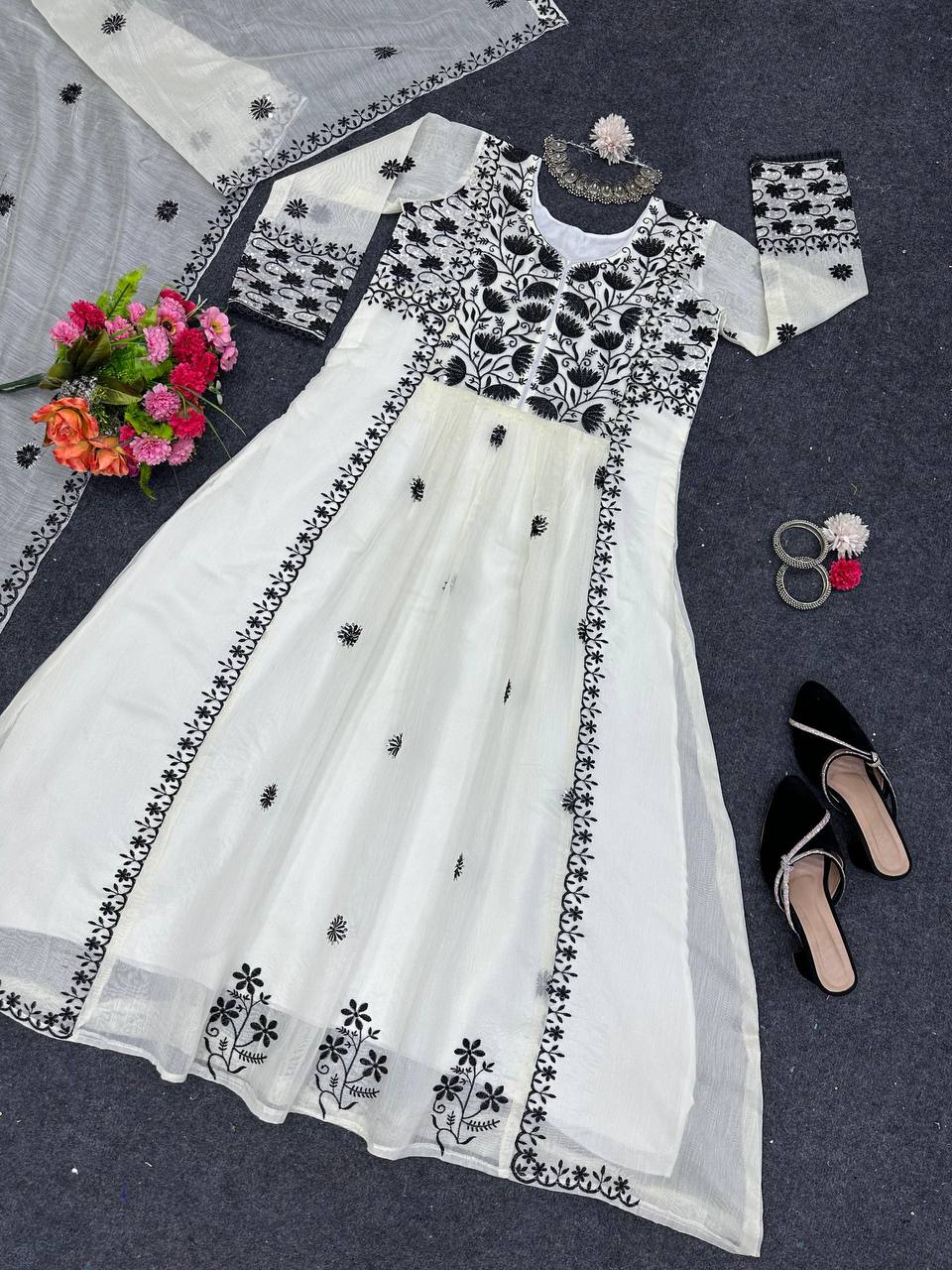 Amazing White Color Ready Made Chanderi Sequence Work Gown Dupatta