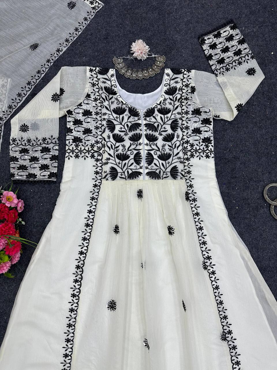 Amazing White Color Ready Made Chanderi Sequence Work Gown Dupatta