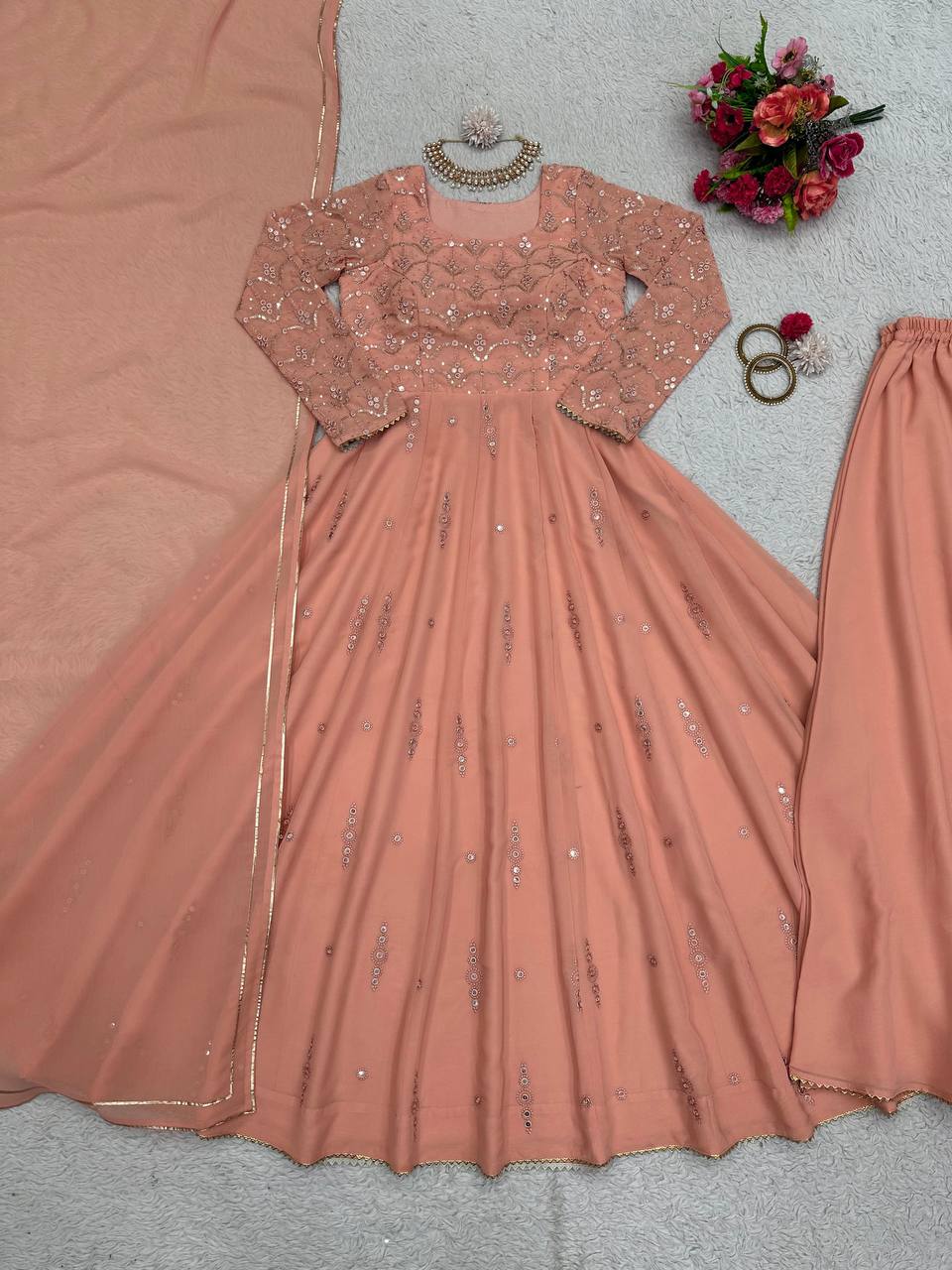 Party Wear Peach Color Georgette Sequence Work Ready Made Salwar Suit