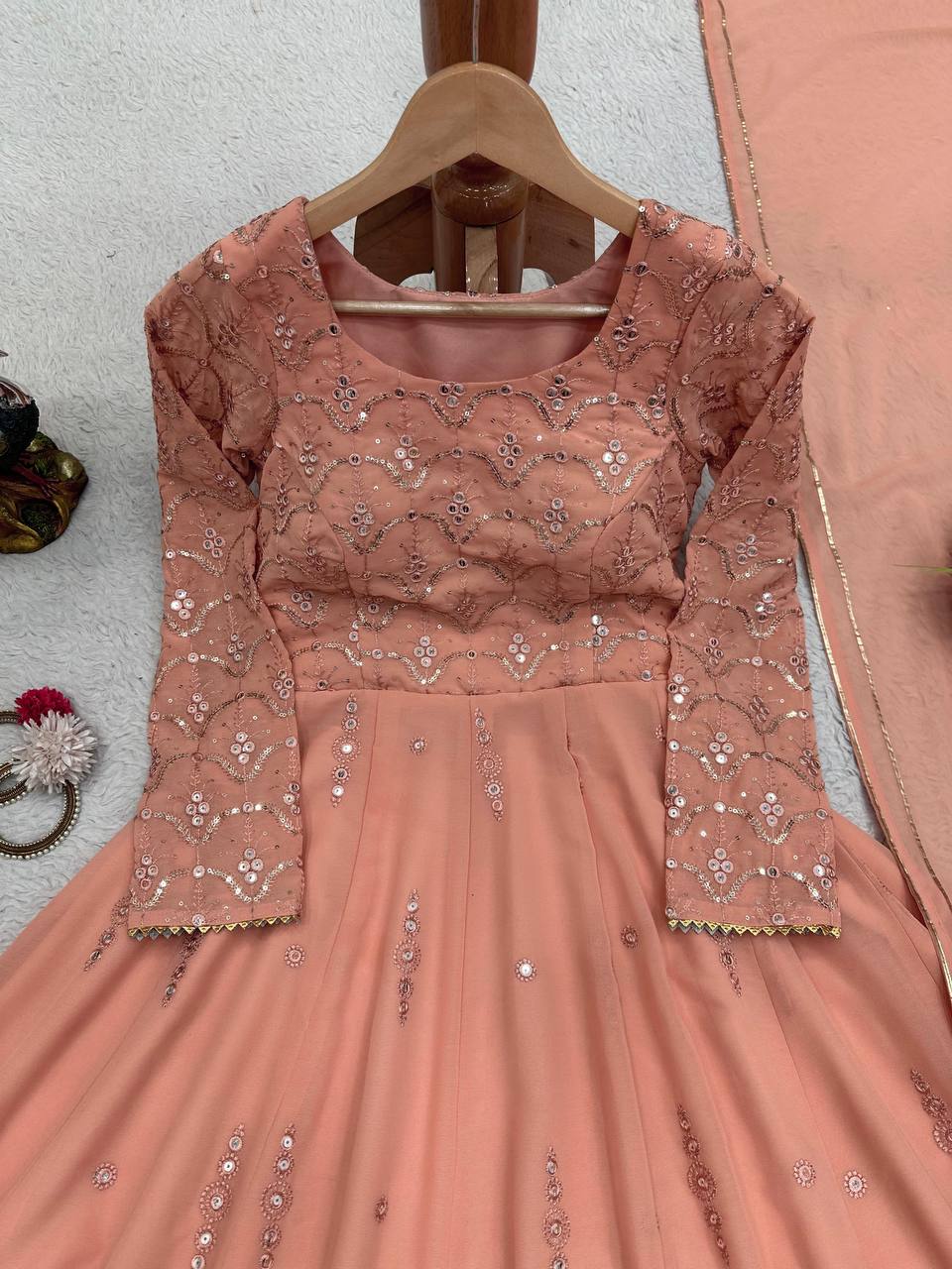 Party Wear Peach Color Georgette Sequence Work Ready Made Salwar Suit