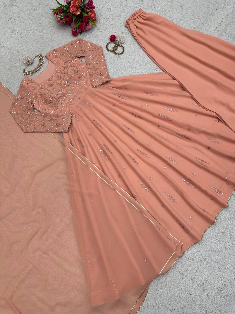 Party Wear Peach Color Georgette Sequence Work Ready Made Salwar Suit