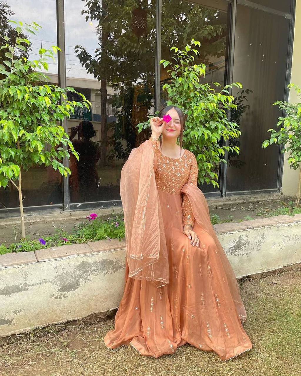 Party Wear Peach Color Georgette Sequence Work Ready Made Salwar Suit