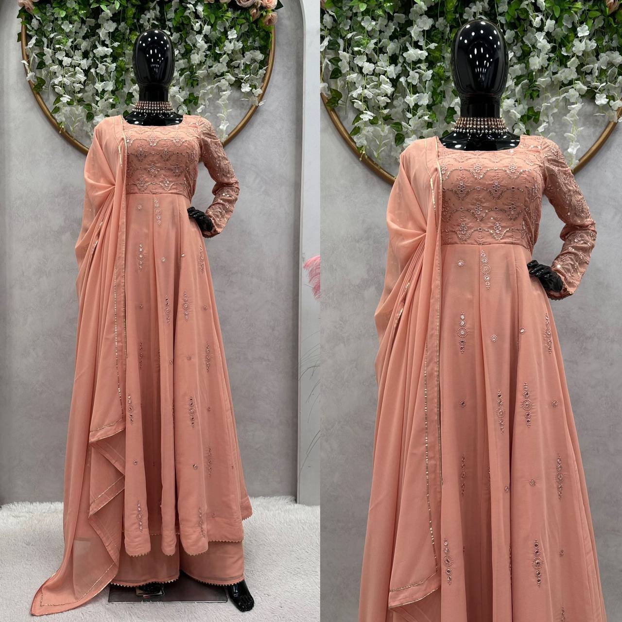 Party Wear Peach Color Georgette Sequence Work Ready Made Salwar Suit