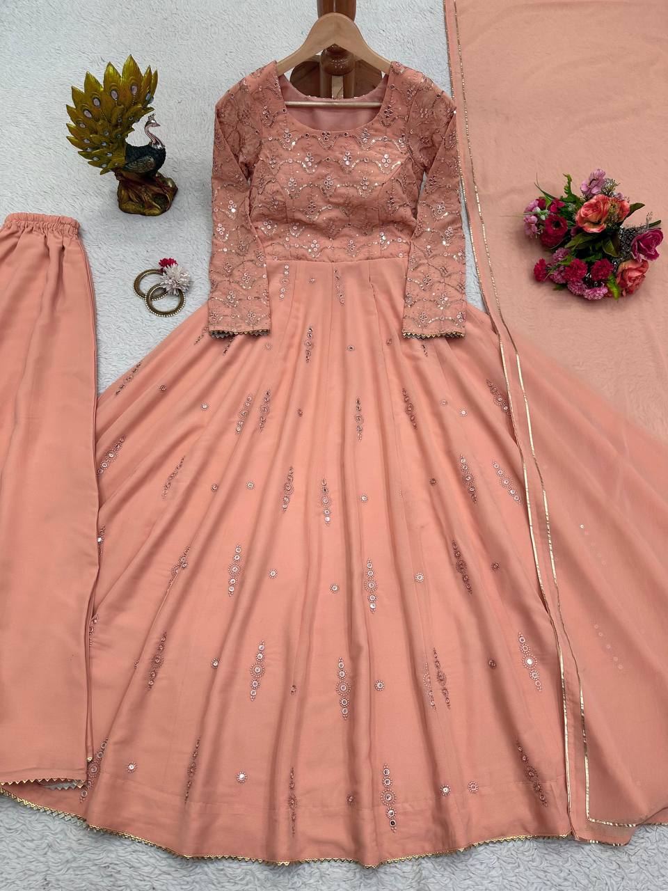 Party Wear Peach Color Georgette Sequence Work Ready Made Salwar Suit