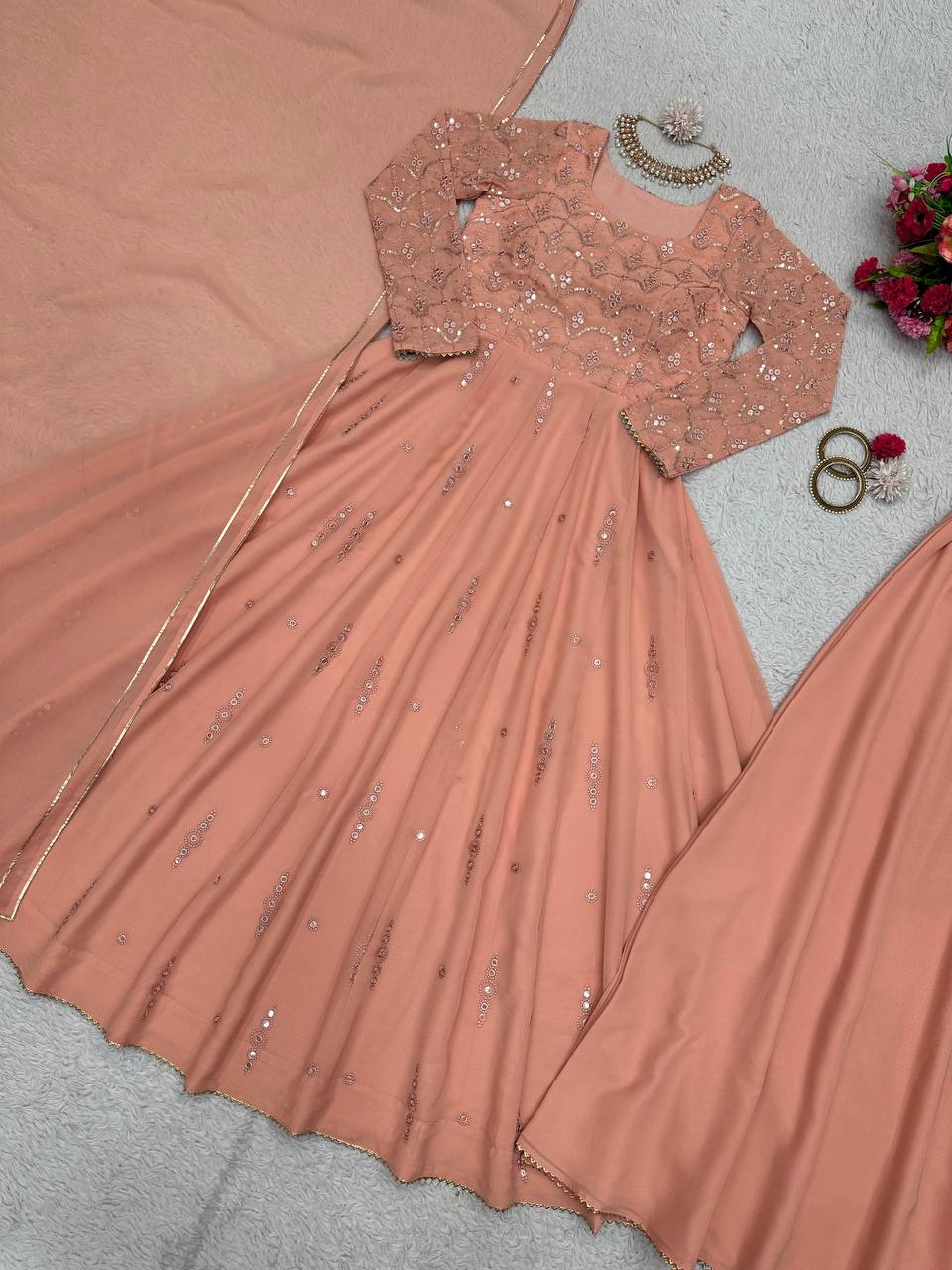 Party Wear Peach Color Georgette Sequence Work Ready Made Salwar Suit