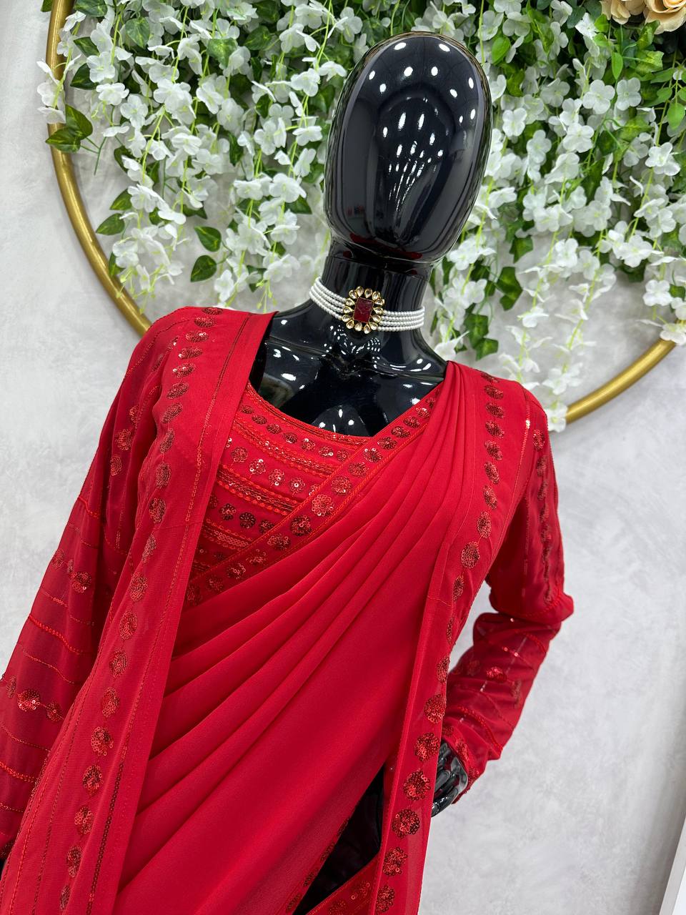 Red Color Designer Georgette Sequence Work Shrug Blouse Saree For Women