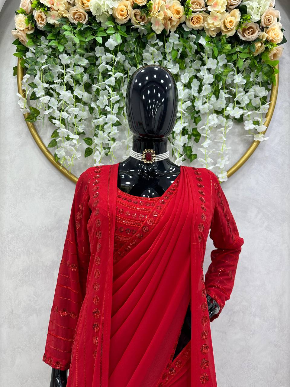 Red Color Designer Georgette Sequence Work Shrug Blouse Saree For Women