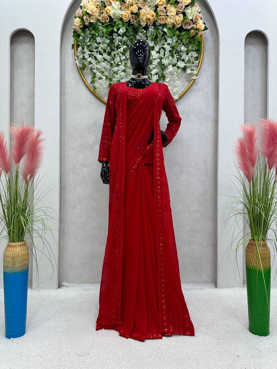 Red Color Designer Georgette Sequence Work Shrug Blouse Saree For Women