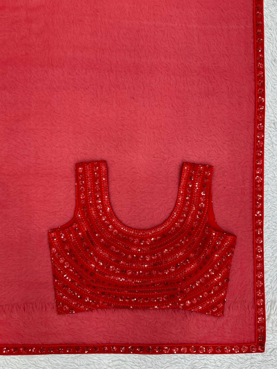 Red Color Designer Georgette Sequence Work Shrug Blouse Saree For Women