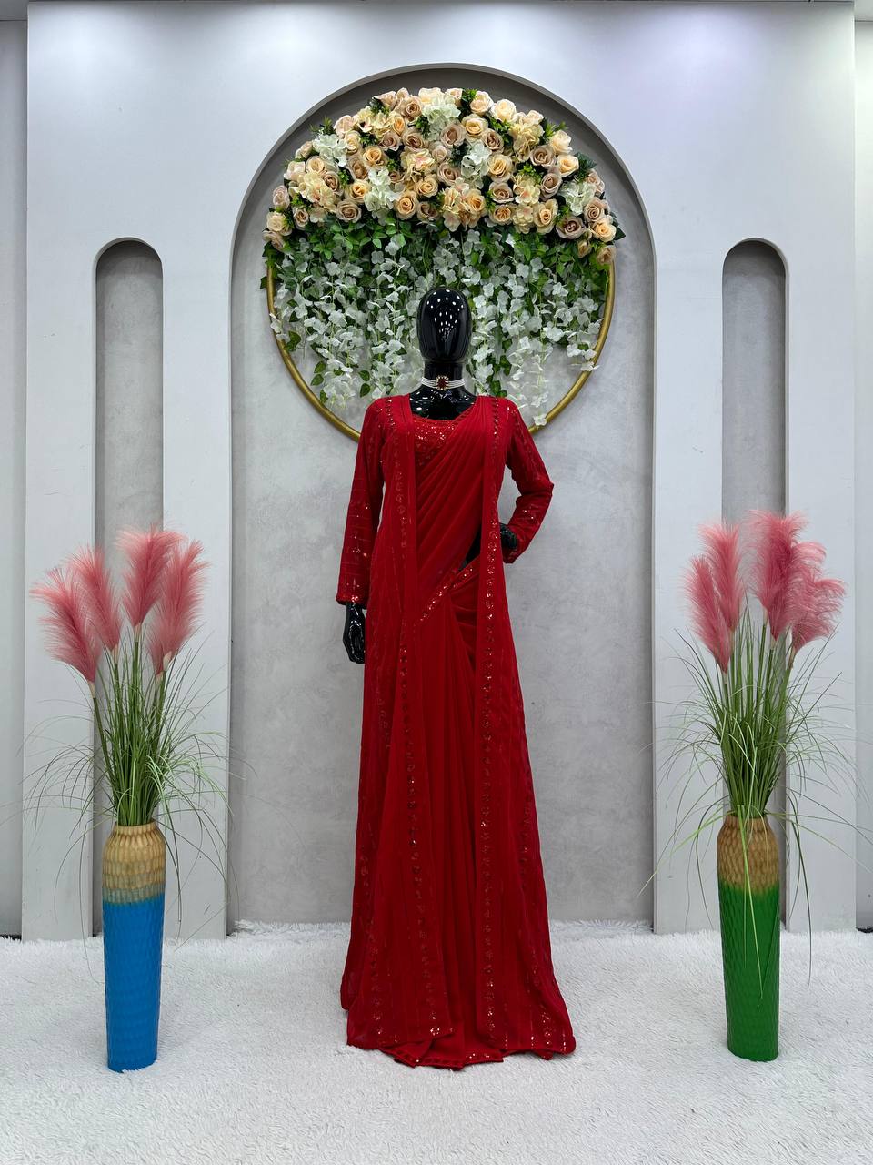 Red Color Designer Georgette Sequence Work Shrug Blouse Saree For Women