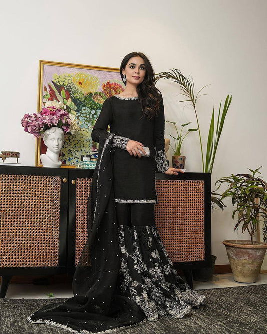 Black Color Georgette Ready Made Sequence Thread Work Salwar Suit