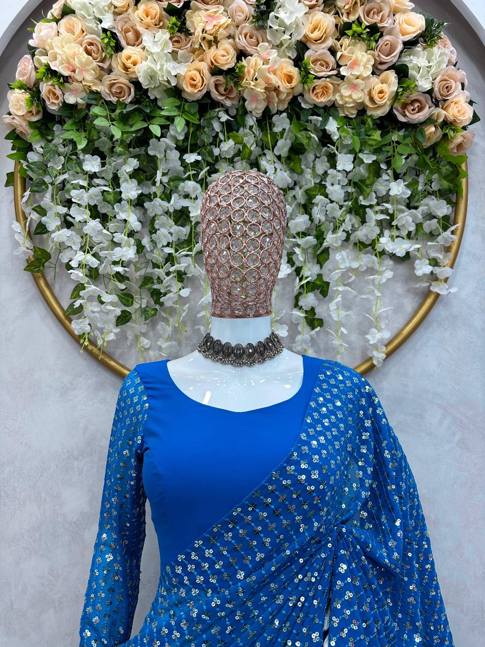Party Wear Blue Color Georgette Sequence Thread Work Lehenga Saree