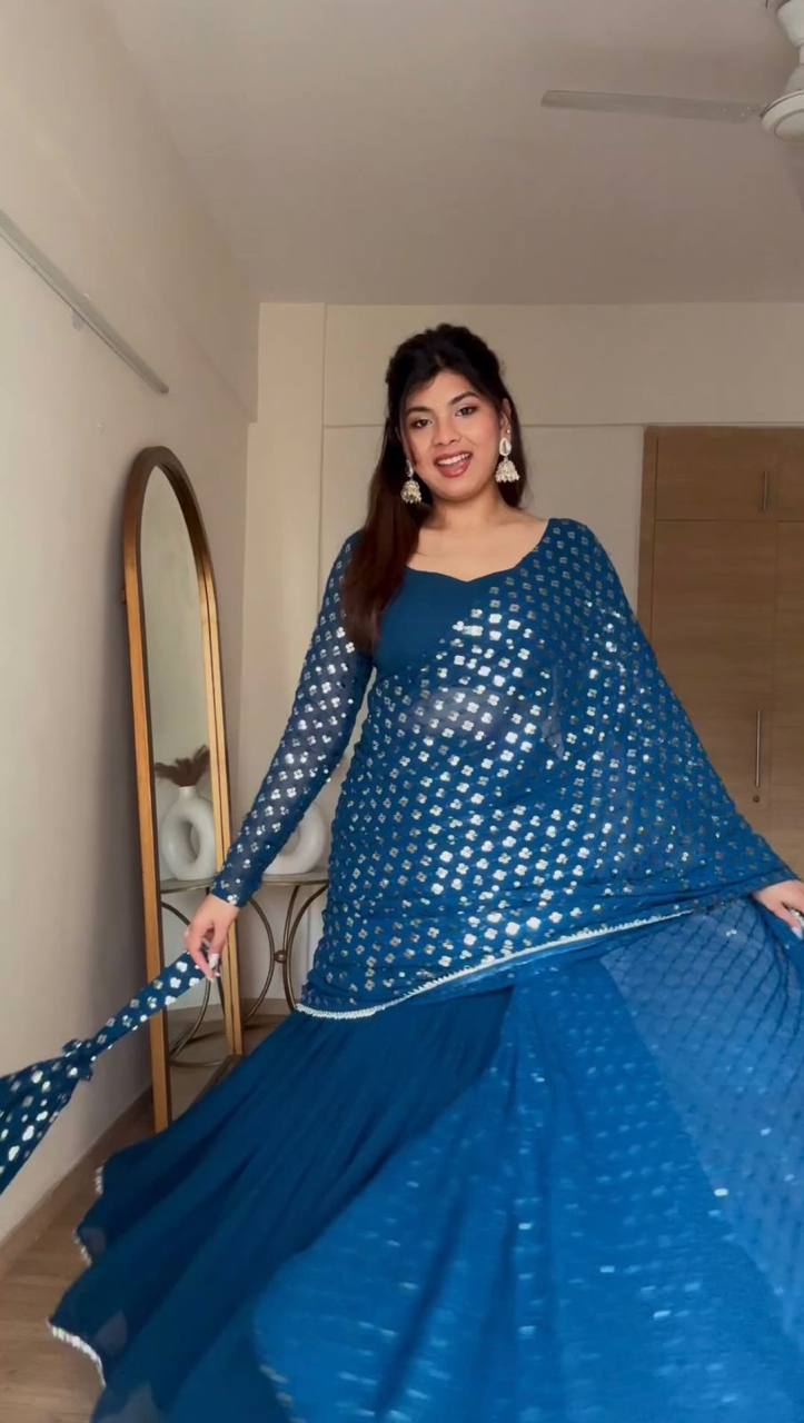 Party Wear Blue Color Georgette Sequence Thread Work Lehenga Saree