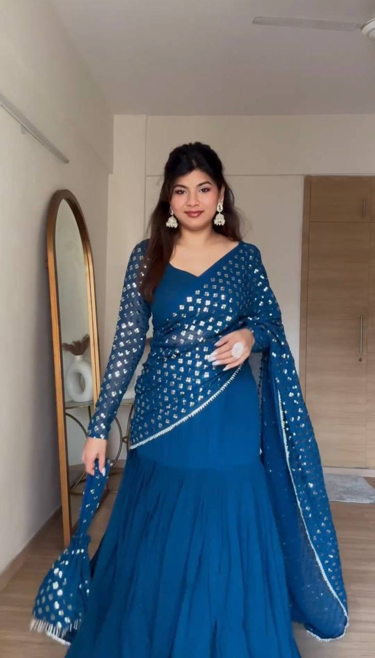 Party Wear Blue Color Georgette Sequence Thread Work Lehenga Saree