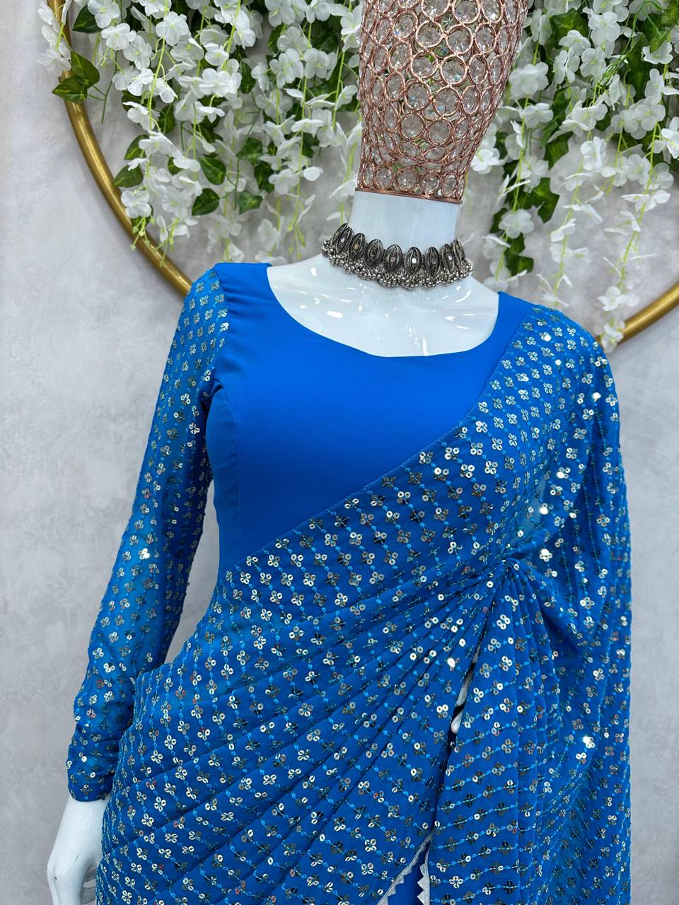 Party Wear Blue Color Georgette Sequence Thread Work Lehenga Saree