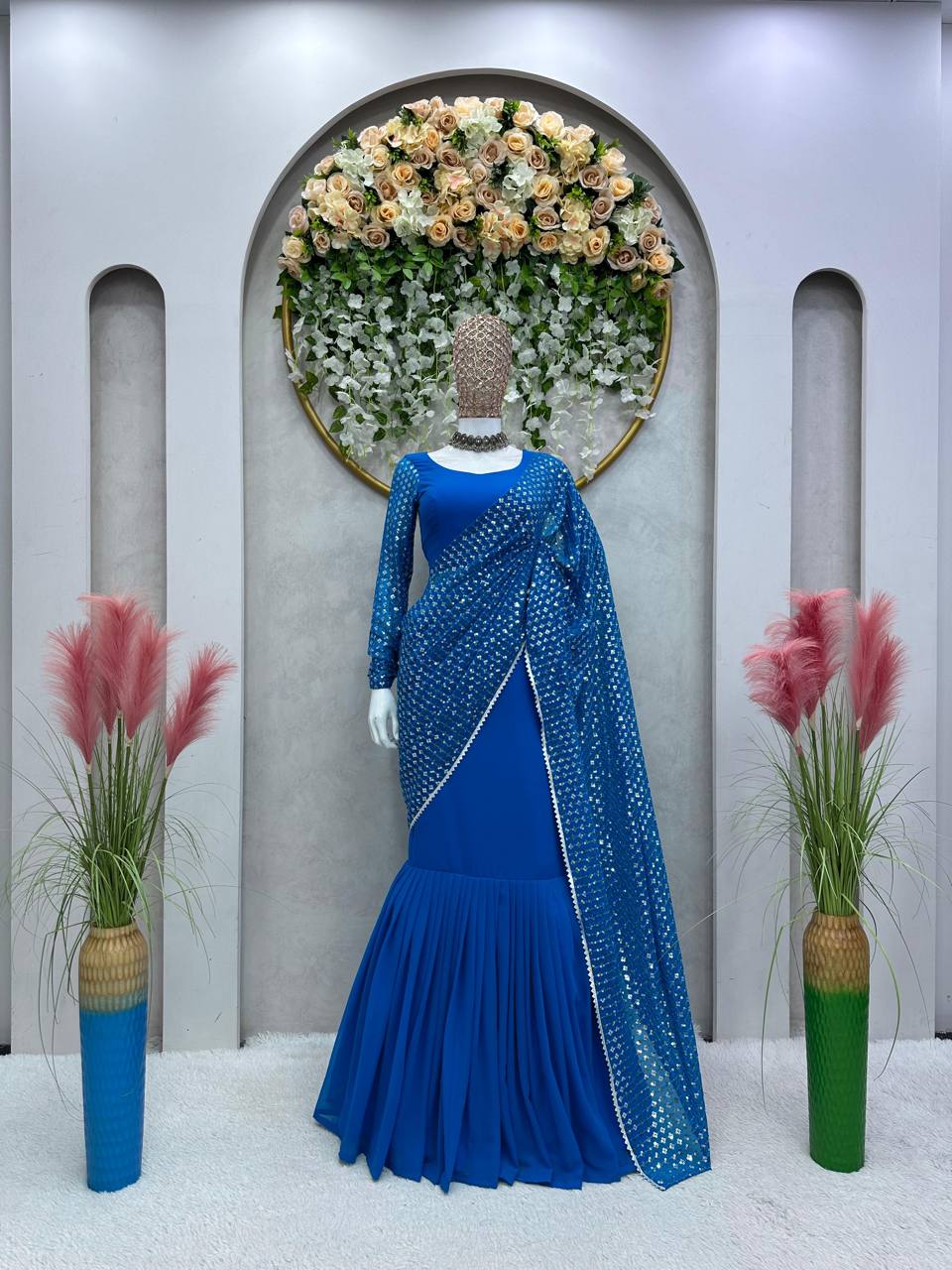 Party Wear Blue Color Georgette Sequence Thread Work Lehenga Saree