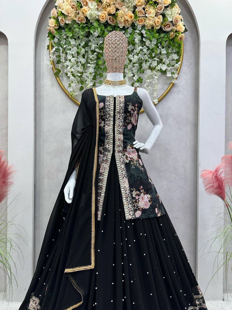 Party Wear Sequence Thread Work Georgette Indo Western Lehenga Suit