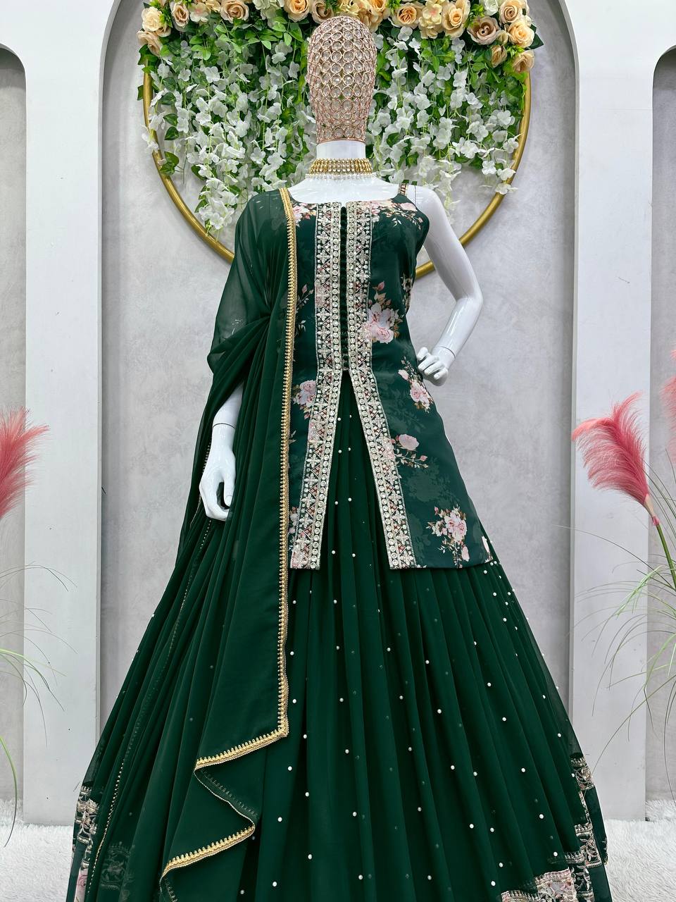 Party Wear Sequence Thread Work Georgette Indo Western Lehenga Suit