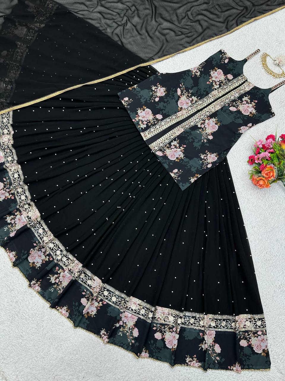 Party Wear Sequence Thread Work Georgette Indo Western Lehenga Suit